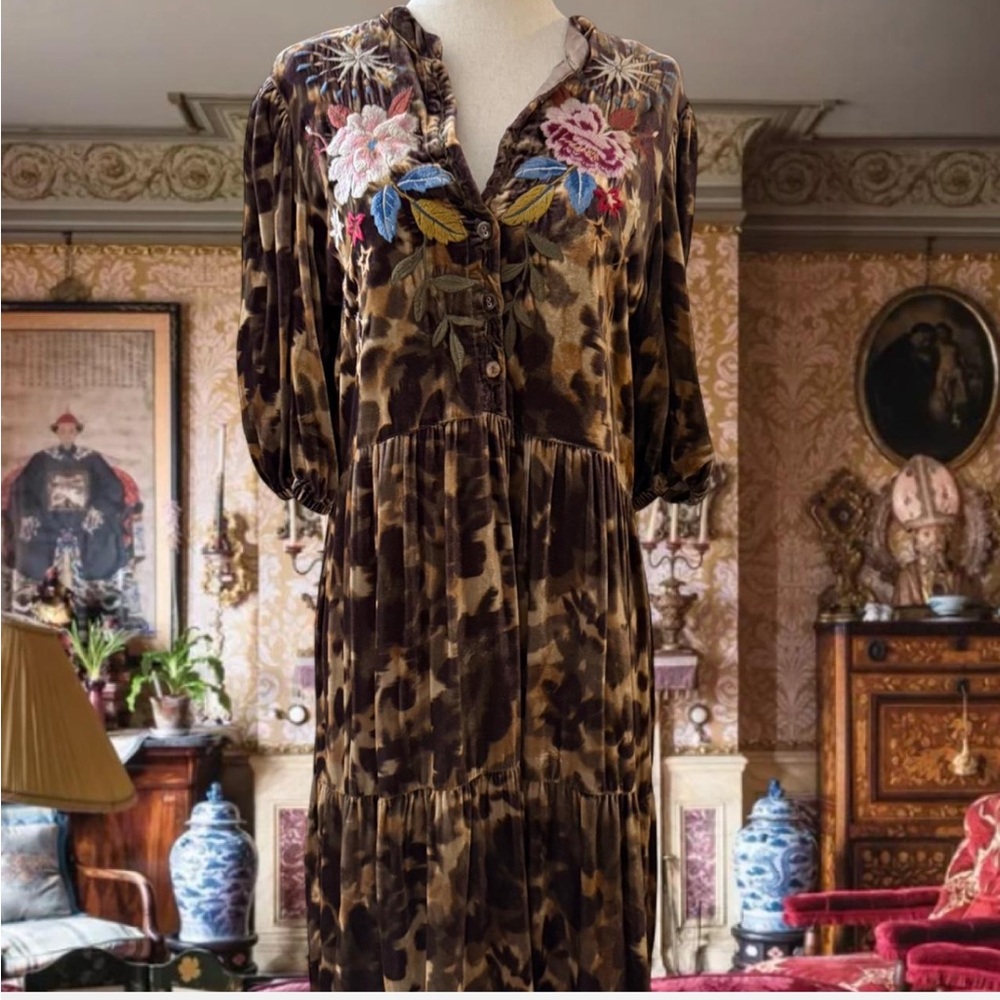 Johnny Was Brown Floral Embroidered Dress